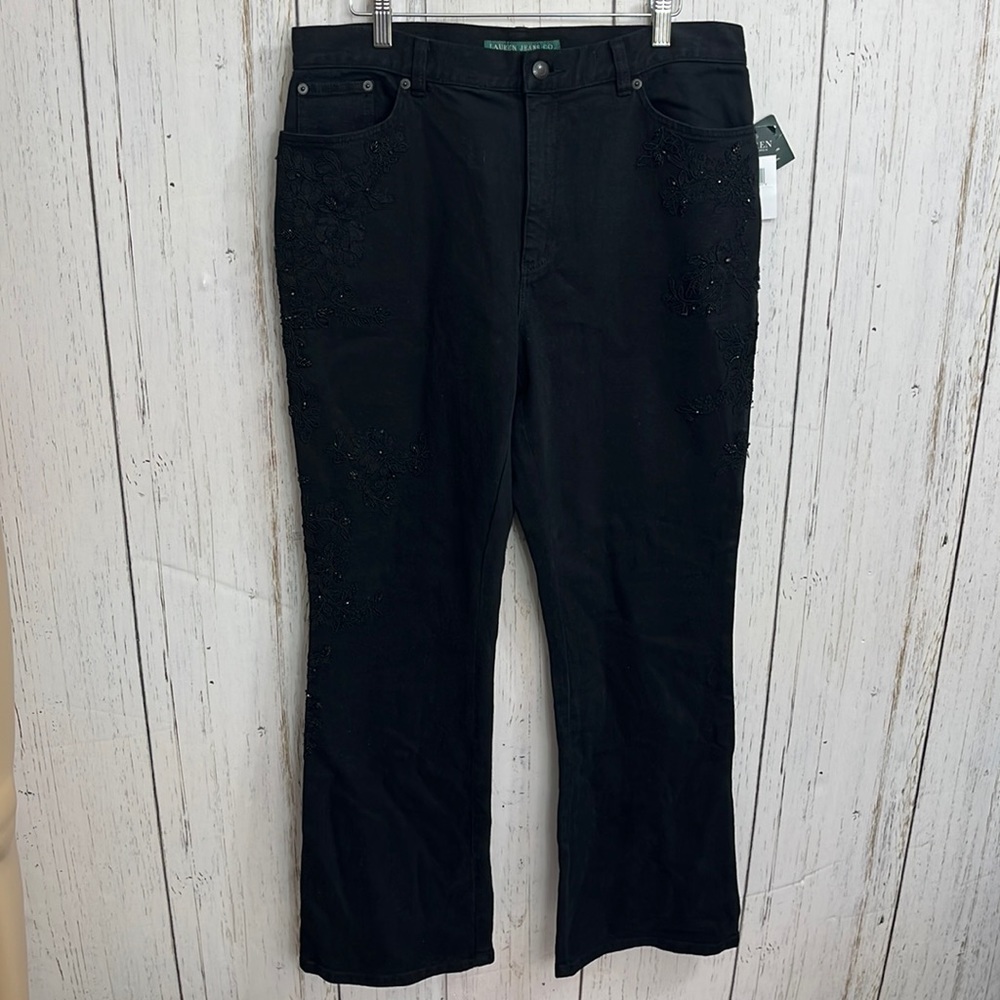 Ralph Lauren Lauren Jeans Co. Black Beaded Wide Leg Black Denim Jeans Size 12